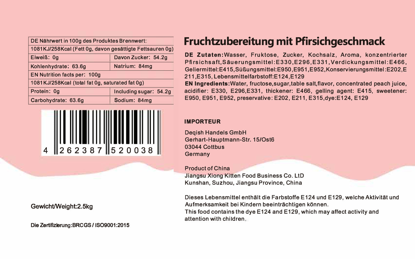 Konzentrat Fruchtsirup für Bubble Tee Lassi, Smoothie, Slush Getränkesirup 2,5kg - Pfirsich