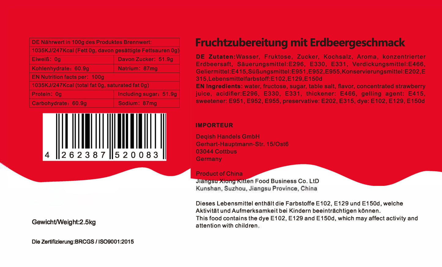 Konzentrat Fruchtsirup für Bubble Tee Lassi, Smoothie, Slush Getränkesirup 2,5kg - Erdbeer