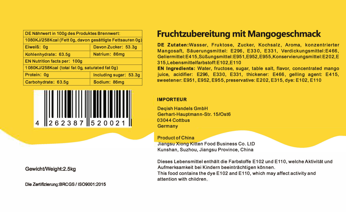Konzentrat Fruchtsirup für Bubble Tee Lassi, Smoothie, Slush Getränkesirup 2,5kg - Mango
