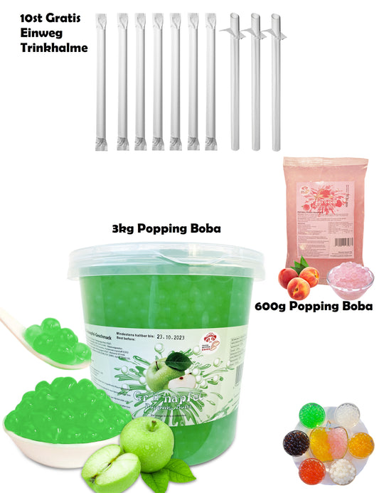 Bubble Tea DIY Set 1*3kg Apfel Boba+ 1*600g Pfirsich Boba + 10st Gratis Einweg Papier Trinkhalme für Perlen Mix