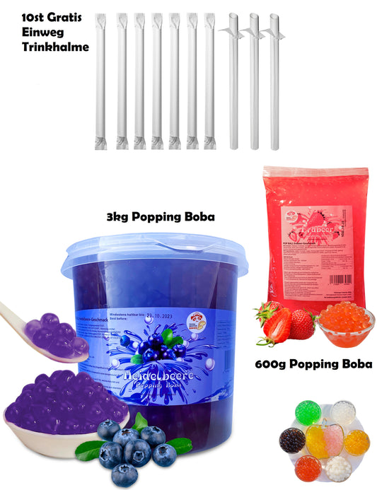 Bubble Tea DIY Set 1*3kg Heidelbeer Boba+ 1*600g Erdbeer Boba + 10st Gratis Einweg Papier Trinkhalme für Perlen Boba Mix