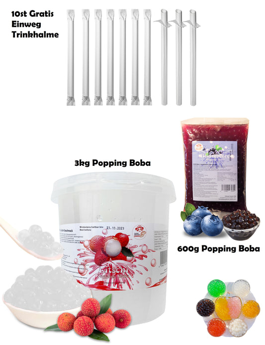 Bubble Tea DIY Set 1*3kg Litschi Boba+ 1*600g Heidelbeer Boba + 10st Gratis Einweg Papier Trinkhalme für Perlen Boba Mix