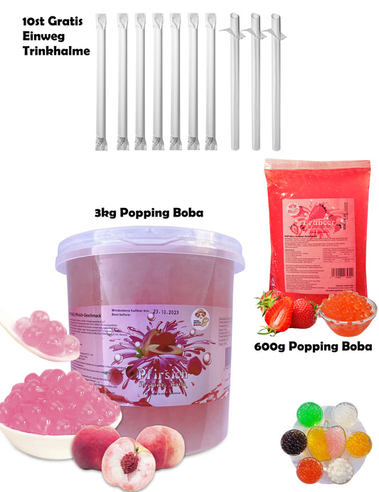 Bubble Tea DIY Set 1*3kg Pfirsich Boba+ 1*600g Erdbeer Boba + 10st Gratis Einweg Papier Trinkhalme für Perlen Boba Mix
