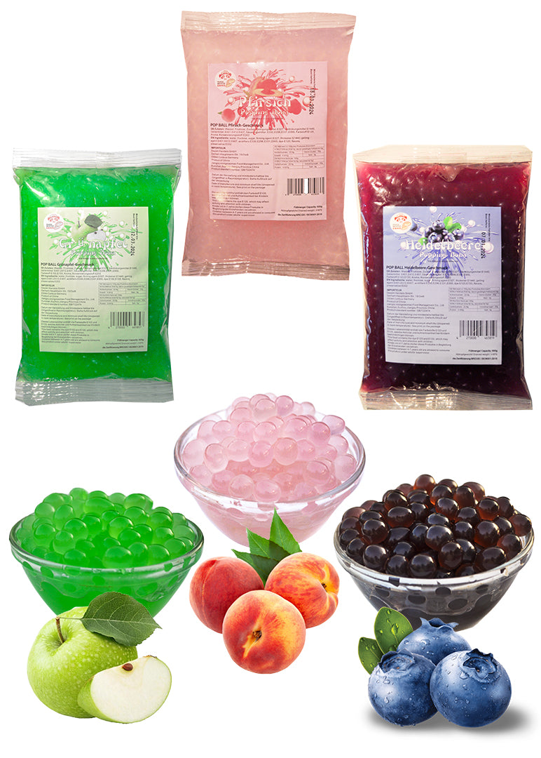 (MHD nähe)Bubble Tea Set Perlen Popping Boba-3x600g Fruchtperlen Mix Selbst Machen Party- KURZE AKTION! 1 Gratis 600g Packung pro BestellungNr.