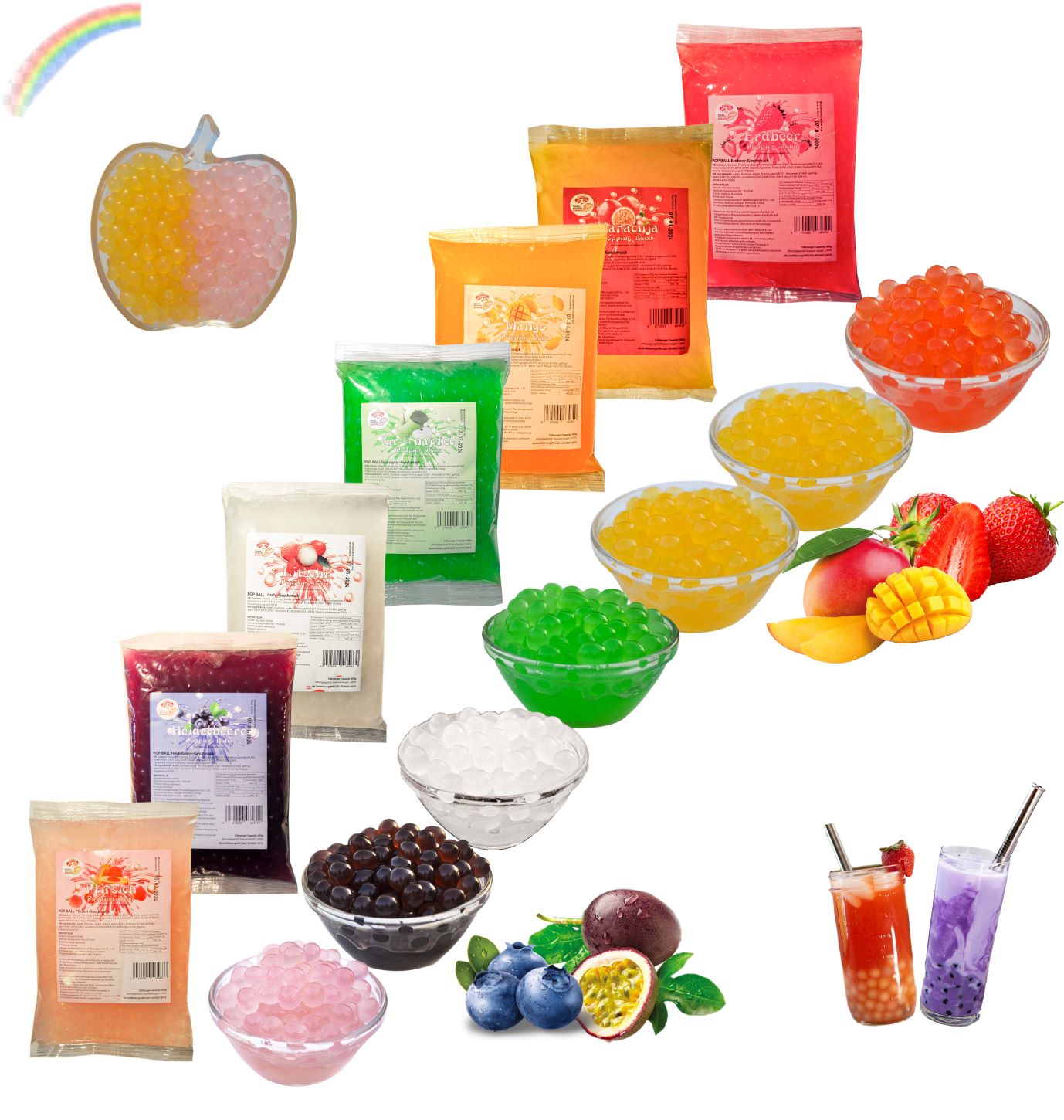 Popping Boba Fruchtperlen - Perfekt für Bubble Tea & Partys mit Mango, Blaubeere, Grüner Apfel, Pfirsich, Erdbeere, Maracuja, Litschi Geschmack.