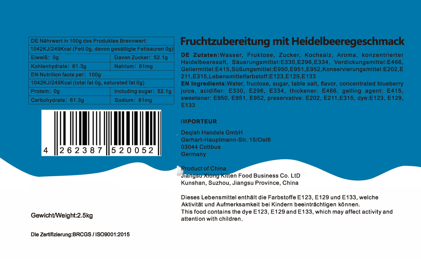 Konzentrat Fruchtsirup für Bubble Tee  Lassi, Smoothie, Slush Getränkesirup 2,5kg - Blaubeer