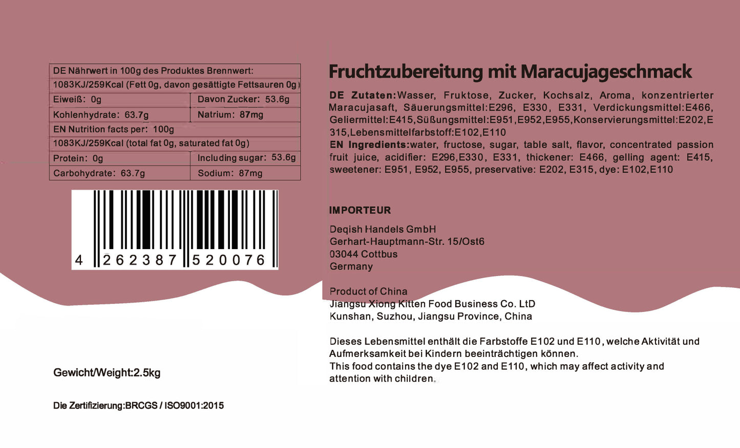 Konzentrat Fruchtsirup für Bubble Tee  Lassi, Smoothie, Slush Getränkesirup 2,5kg - Maracuja