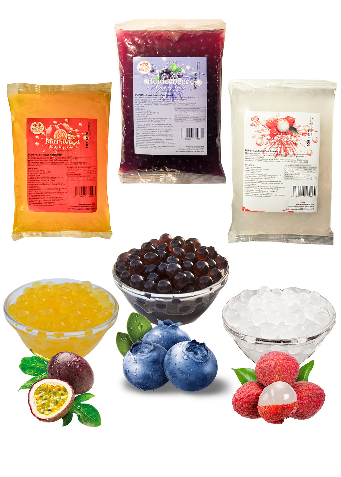 (MHD nähe)Bubble Tea Set Perlen Popping Boba-3x600g Fruchtperlen Mix Selbst Machen Party- KURZE AKTION! 1 Gratis 600g Packung pro BestellungNr.